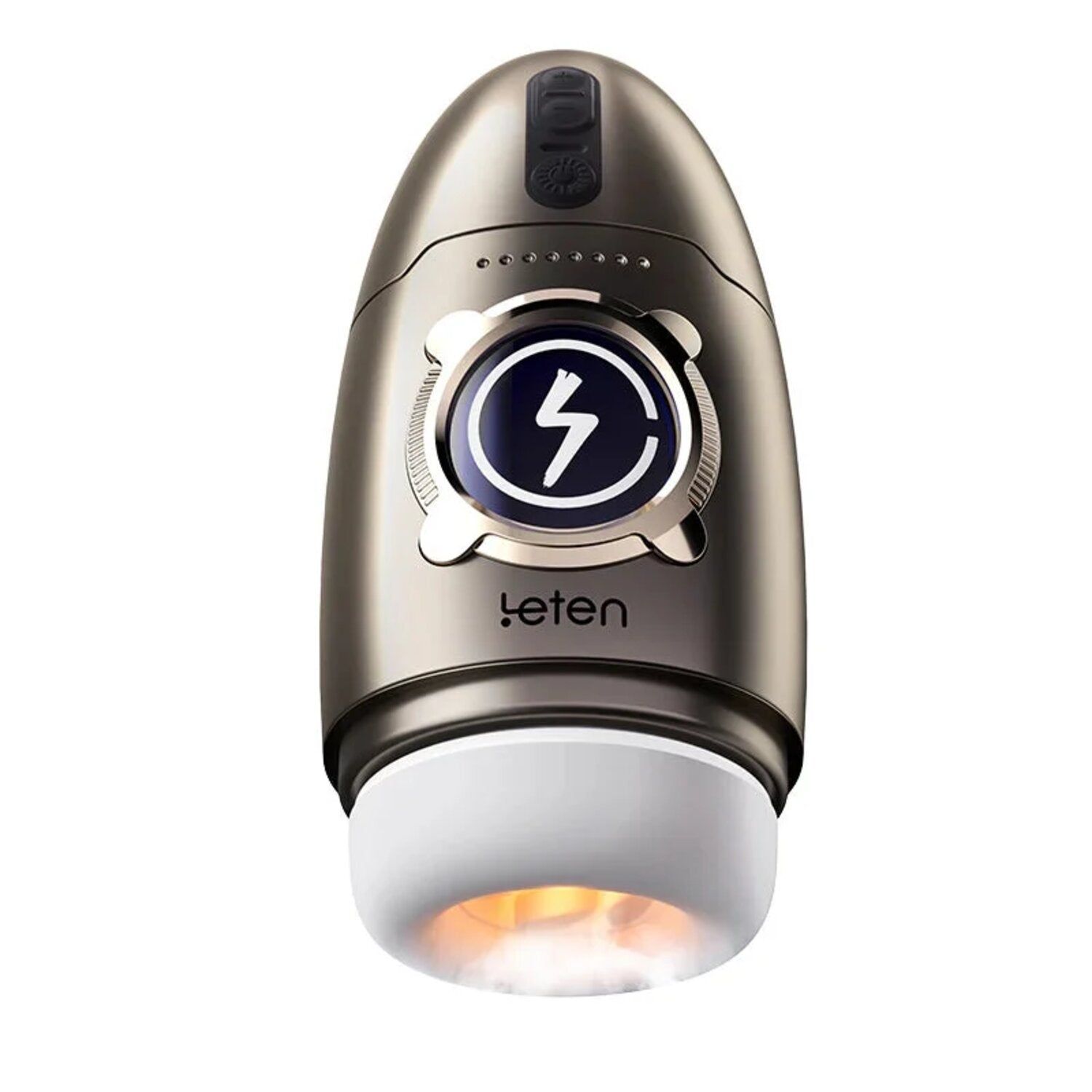 Dispositivo a forma di uovo con pannello comandi, display con simbolo fulmine e logo. Parte inferiore aperta.