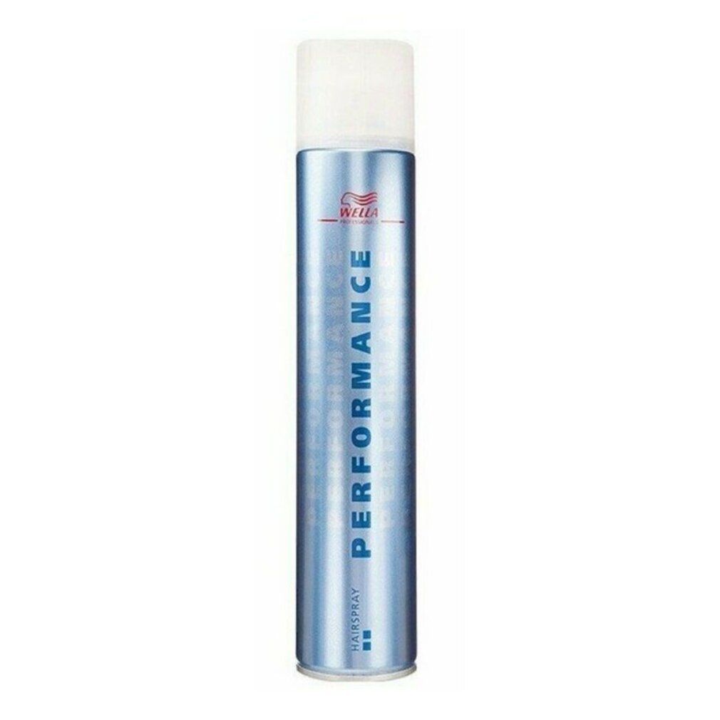 Bomboletta spray per capelli blu con tappo bianco. Scritta: PERFORMANCE, HAISPRAY, logo Wella.