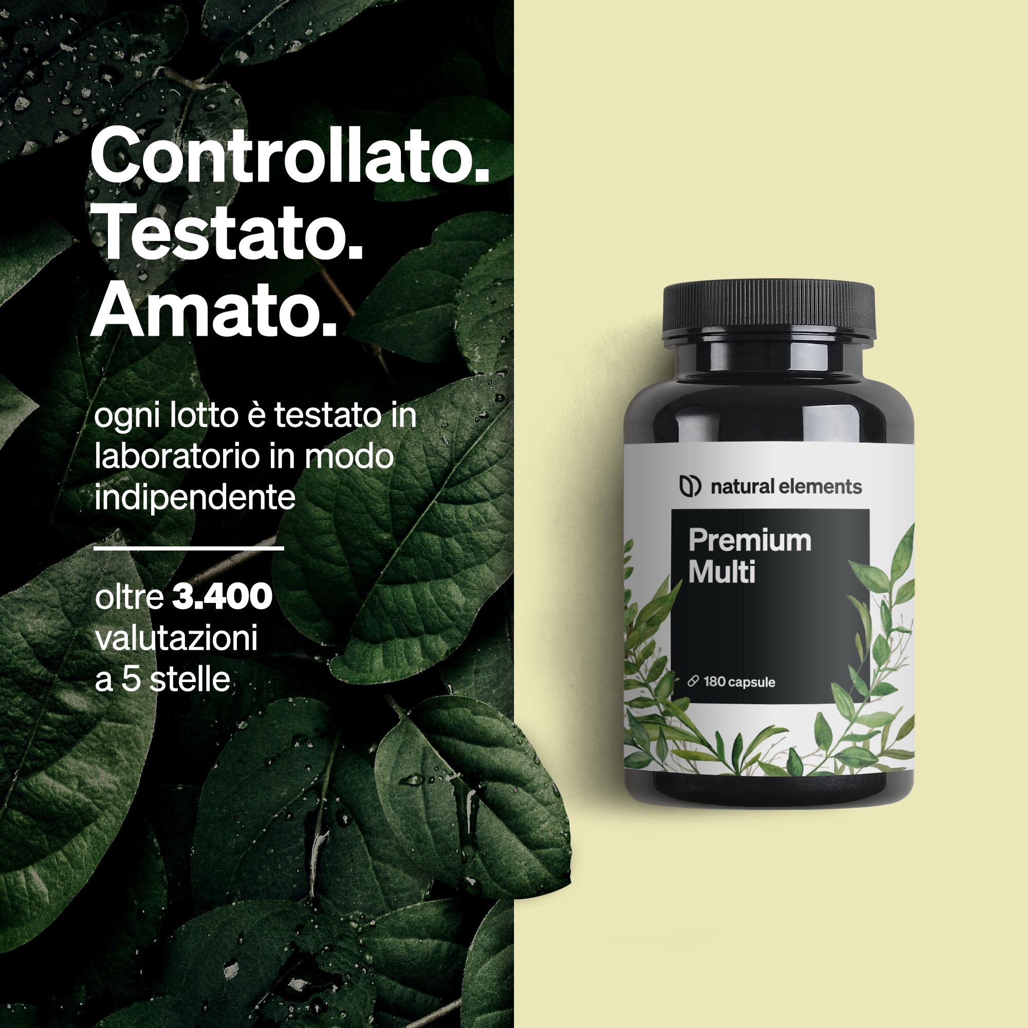 Una bottiglia di "Premium Multi" di "natural elements" da 180 capsule, circondata da foglie verdi.