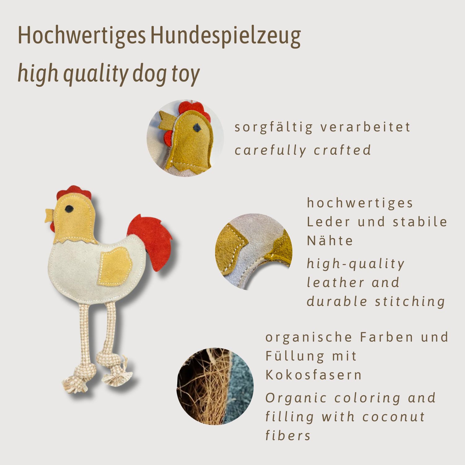 Infografica con dettagli del giocattolo per cani: lavorazione accurata, pelle di alta qualità, colori organici e fibre di cocco.
