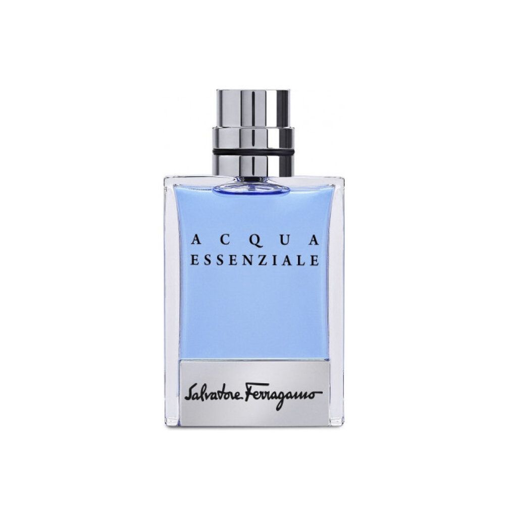 Eau de toilette azzurra in flacone quadrato con tappo argentato. Scritta: Acqua Essenziale, Salvatore Ferragamo.