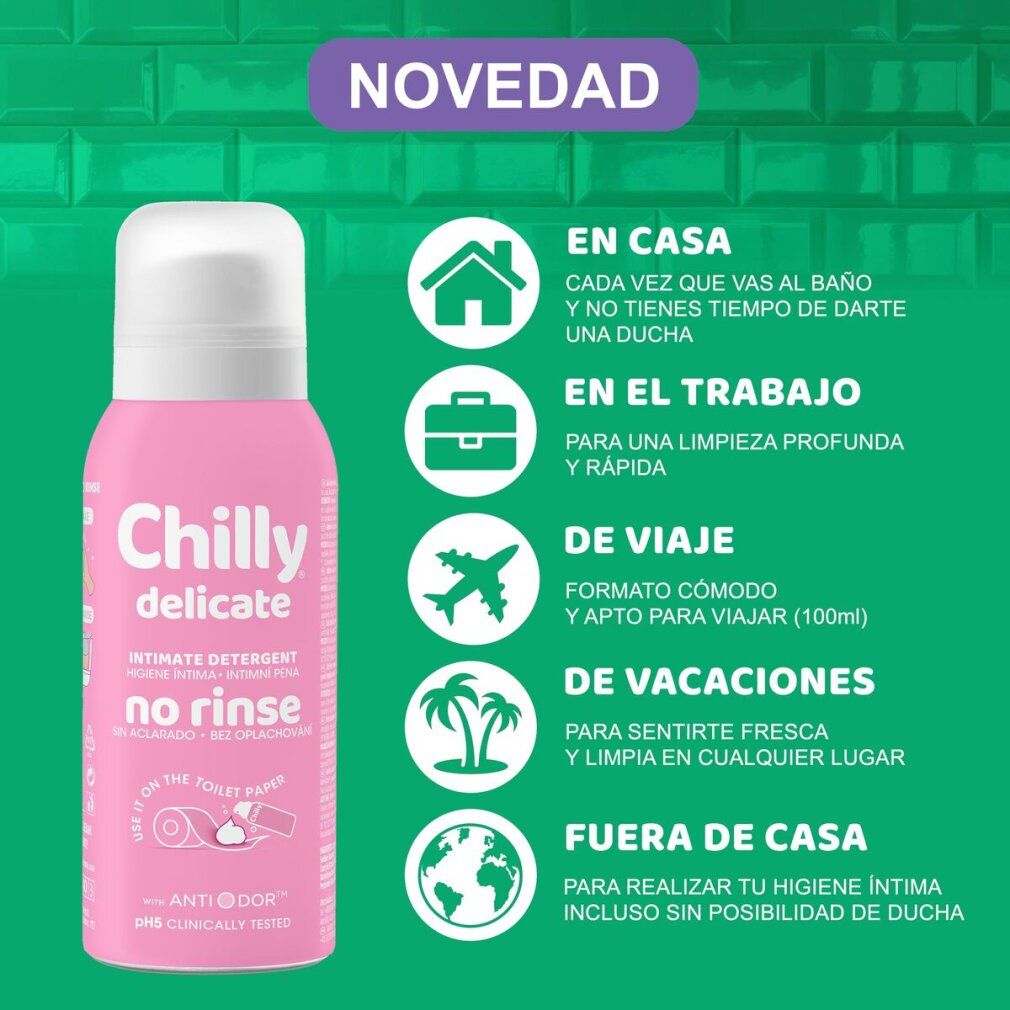 Flacone rosa Chilly delicate. Testo: Detergente intimo, senza risciacquo. Illustrazioni: situazioni d'uso.
