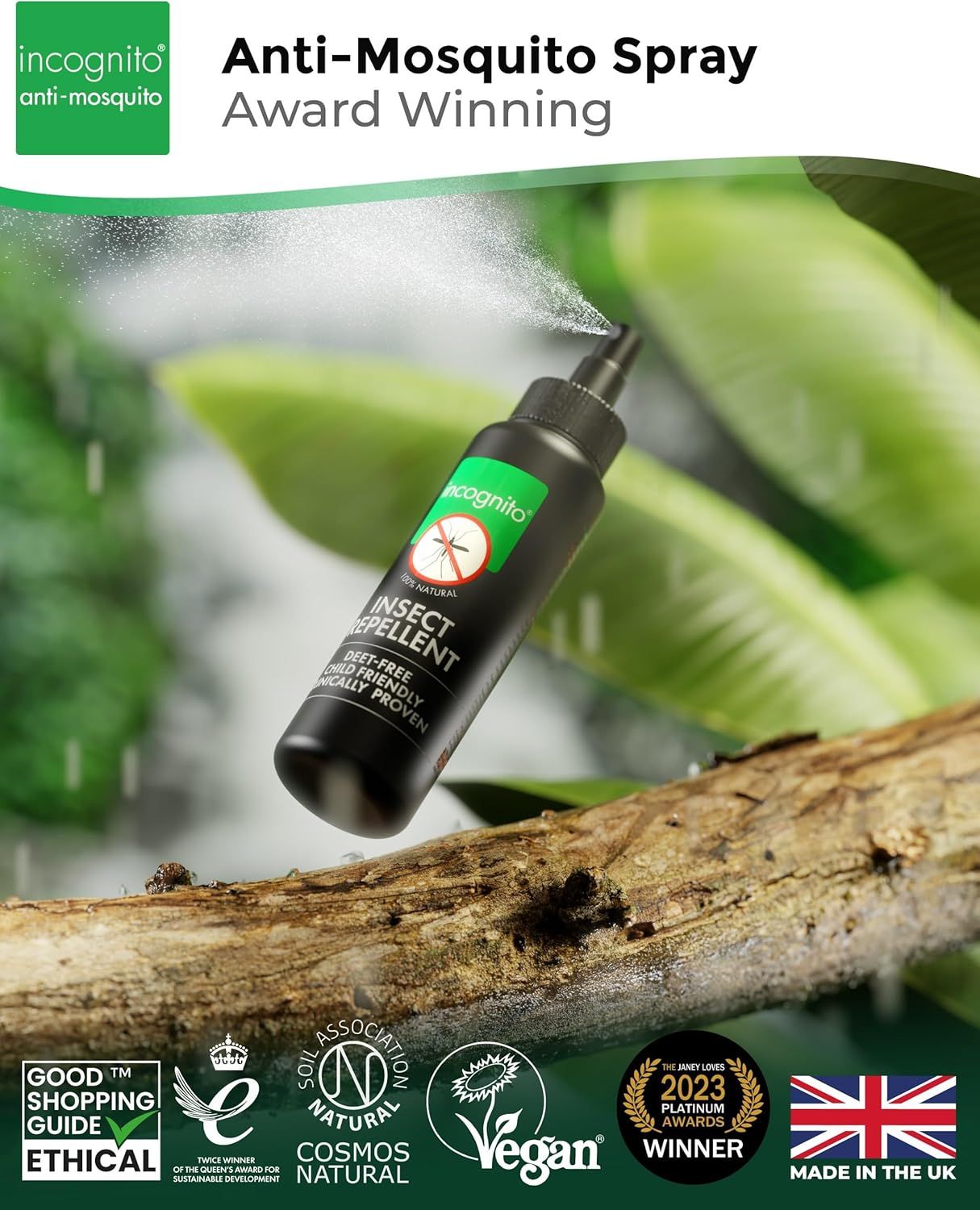 Flacone spray nero con etichetta verde. Testo: Antizanzare, Repellente per insetti. Certificazioni: Vegan, Cosmos Natural, Made in UK.