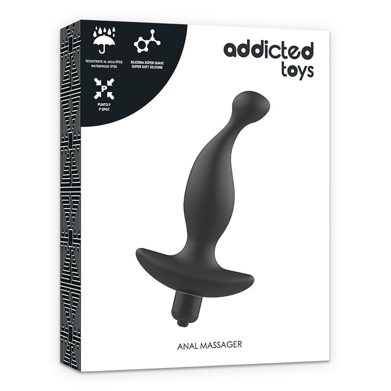Confezione con vibratore anale nero. Scritta: Addicted Toys, Anal Massager. Icone per impermeabile e silicone.