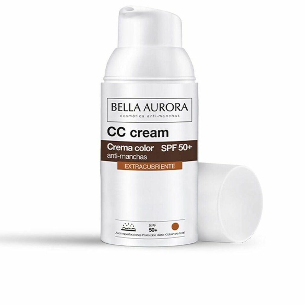 Flacone bianco di CC cream, testo marrone, tappo. Marca Bella Aurora. SPF 50+.