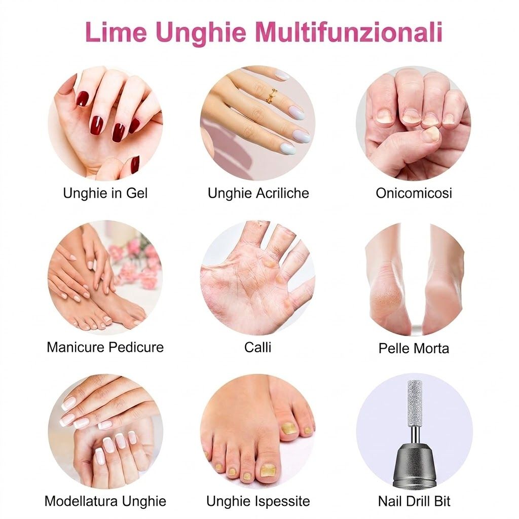 Esempi di utilizzo del dispositivo per manicure: unghie in gel, acriliche e fungine, manicure, pedicure, calli, pelle morta, forme delle unghie, unghie spesse.