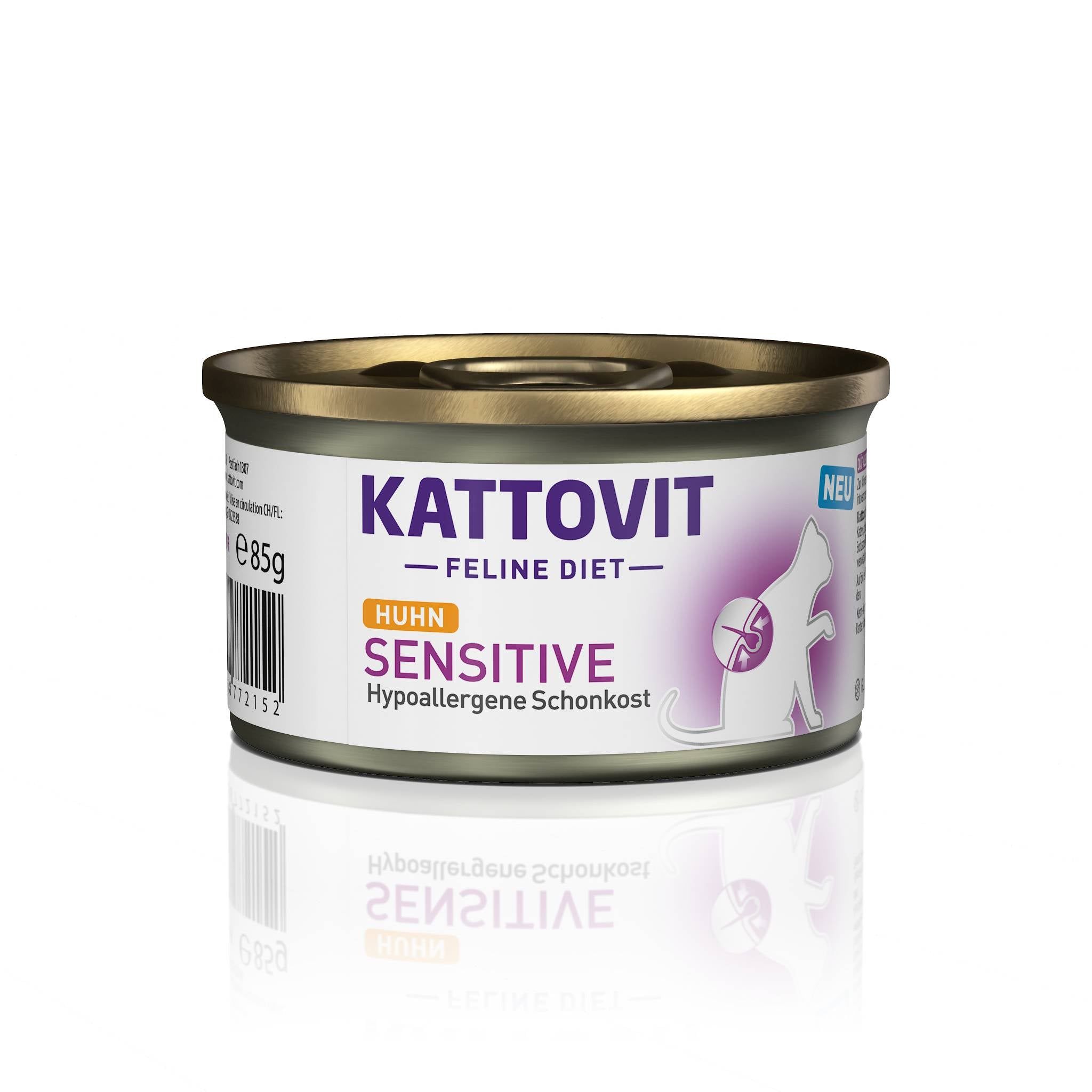 Lattina Kattovit Sensitive Huhn. Etichetta bianca con nome e illustrazione del prodotto. Coperchio dorato. Superficie riflettente.