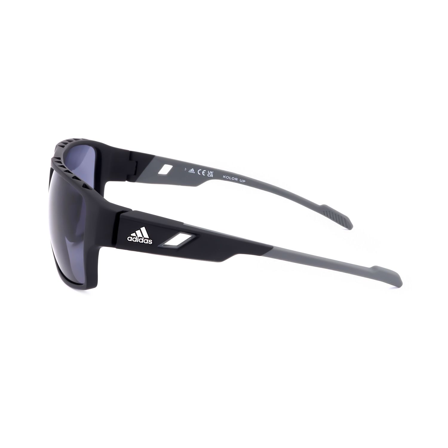 Occhiali da sole sportivi Adidas neri con accenti grigi e lenti colorate.