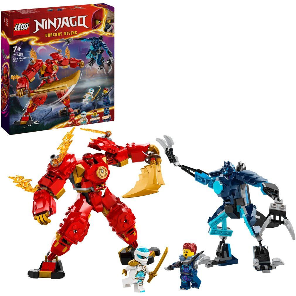 Mech rosso con lama dorata, mech blu, minifigure e confezione con logo e nome del prodotto.