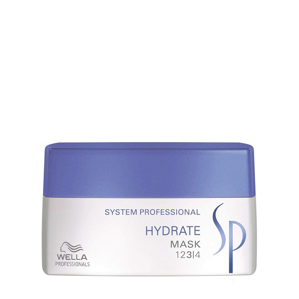 Barattolo bianco e blu. Scritta: Hydrate Mask, logo Wella Professionals, logo SP.