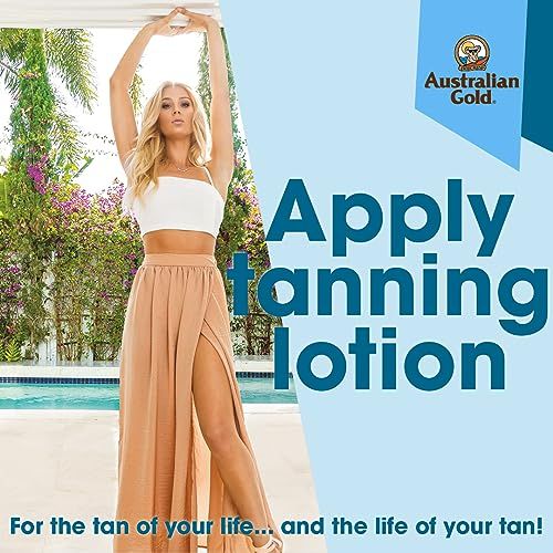 Immagine pubblicitaria. Donna con top bianco e gonna beige. Testo: Apply tanning lotion. Logo Australian Gold.