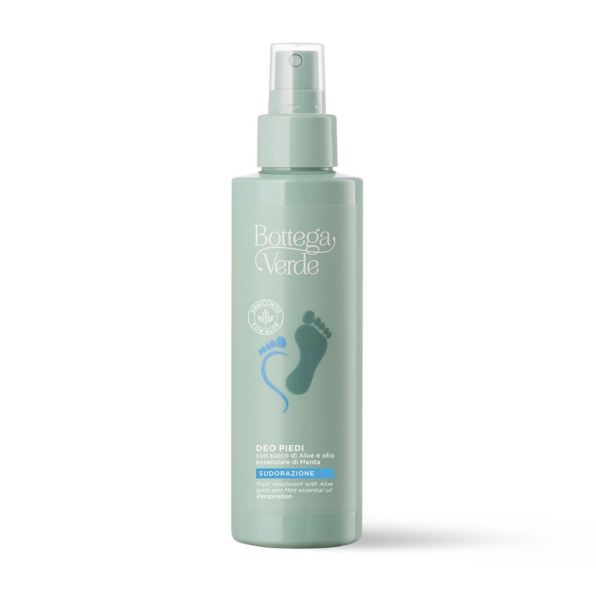 Flacone spray verde Bottega Verde. Logo piede. Scritta: Deo Piedi, contro la sudorazione.