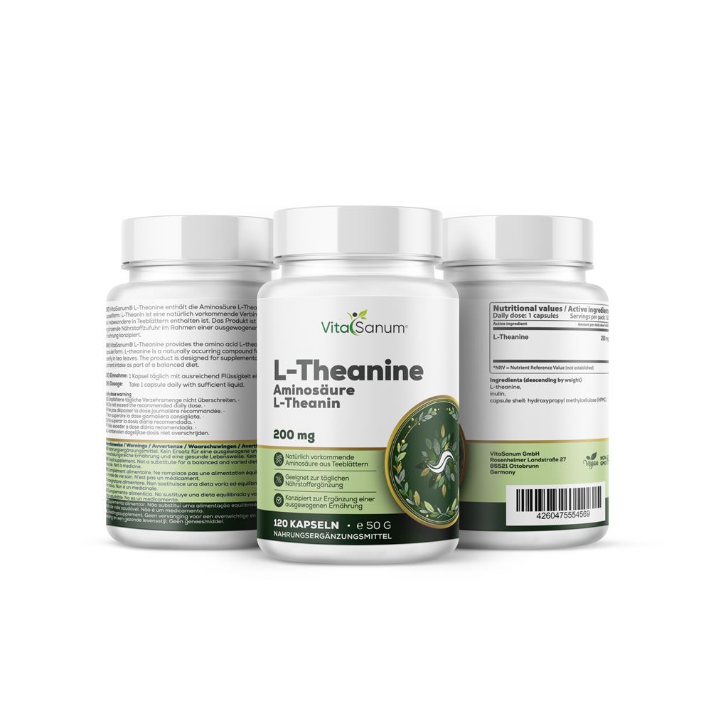 Tre flaconi di capsule VitaSanum L-Teanina, 200 mg per capsula, 120 capsule.