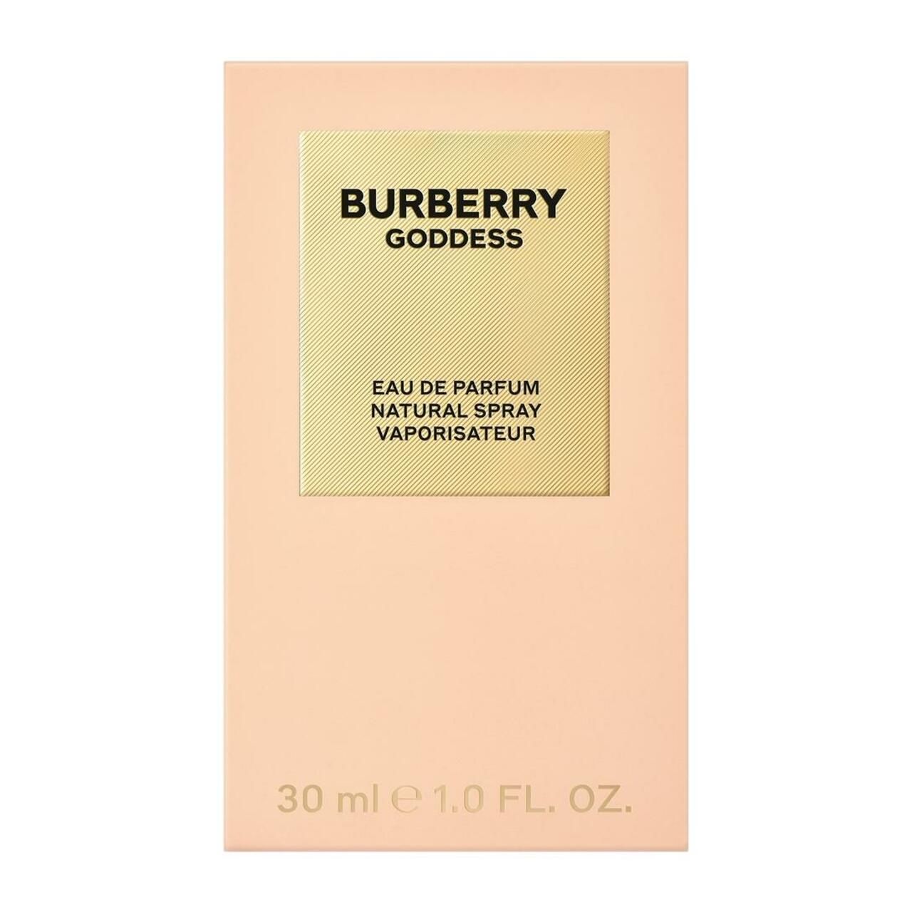 Confezione rosa con riquadro dorato. Testo: Burberry Goddess, Eau de Parfum, Natural Spray, Vaporisateur.