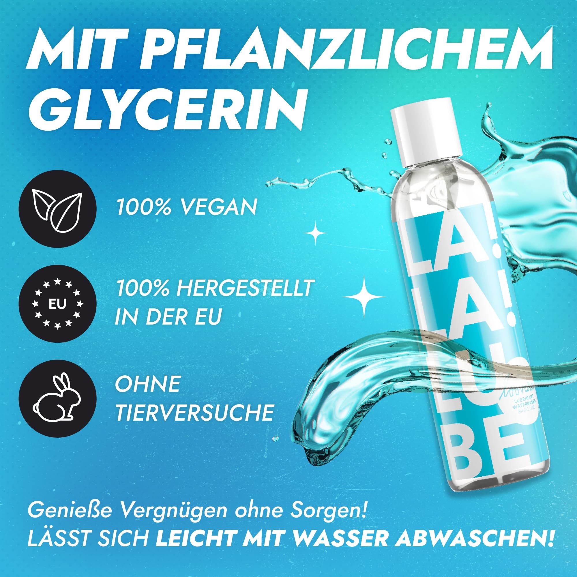 Flacone di gel lubrificante con scritta 'LA LA BE'. Con glicerina vegetale, 100% vegan, prodotto nell'UE.