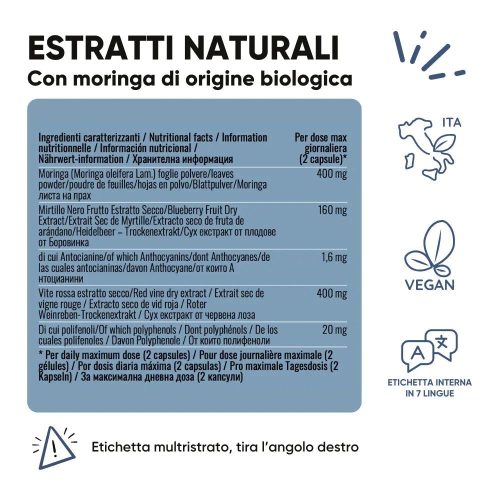 Etichetta con ingredienti. Testo: Estratti naturali. Contiene Moringa, Mirtillo Nero, Vite Rossa. Sigillo Vegan.