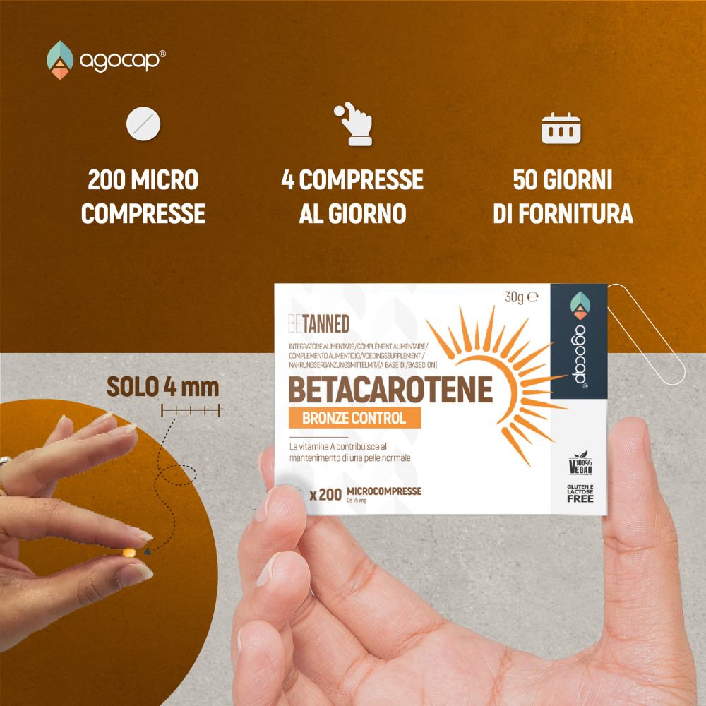 Primo piano di una compressa. Testo: 200 microcompresse, 4 compresse al giorno, 50 giorni di fornitura. Confezione.