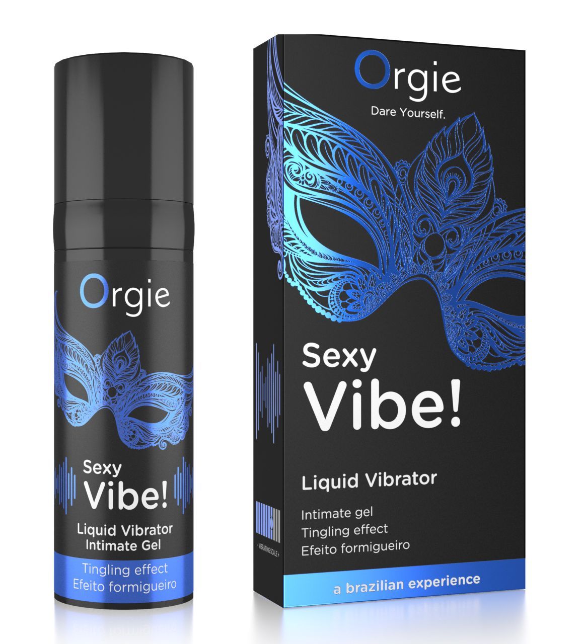 Flacone e confezione Orgie Sexy Vibe! Liquid Vibrator, primo piano.