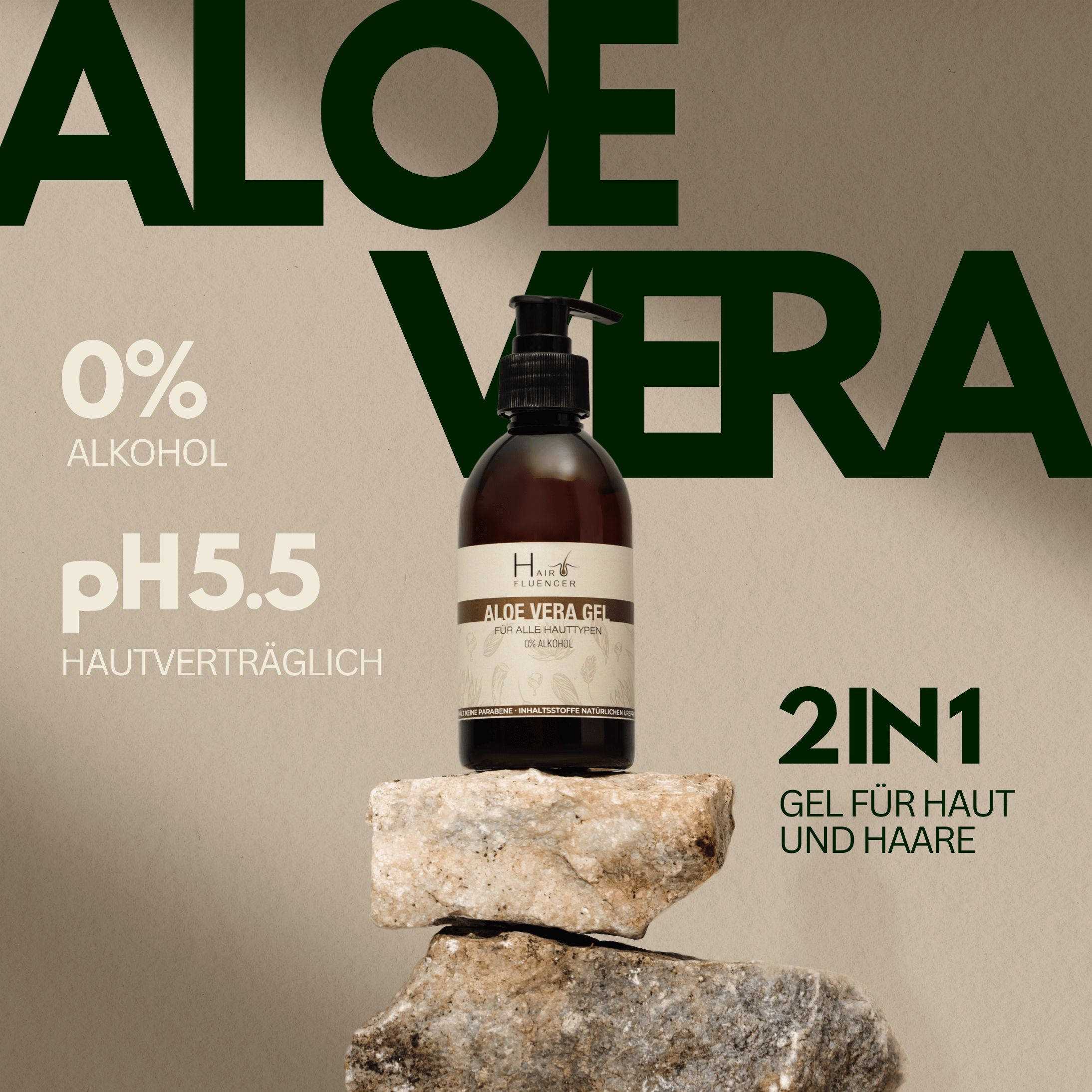 Flacone marrone su pietre. Testo: 0% alcool, pH5.5, gel 2in1 per pelle e capelli.