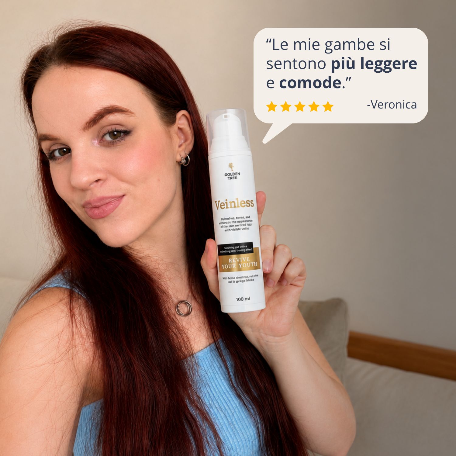 Donna tiene in mano un flacone Golden Tree Veinless, 100 ml, e rilascia una citazione positiva.