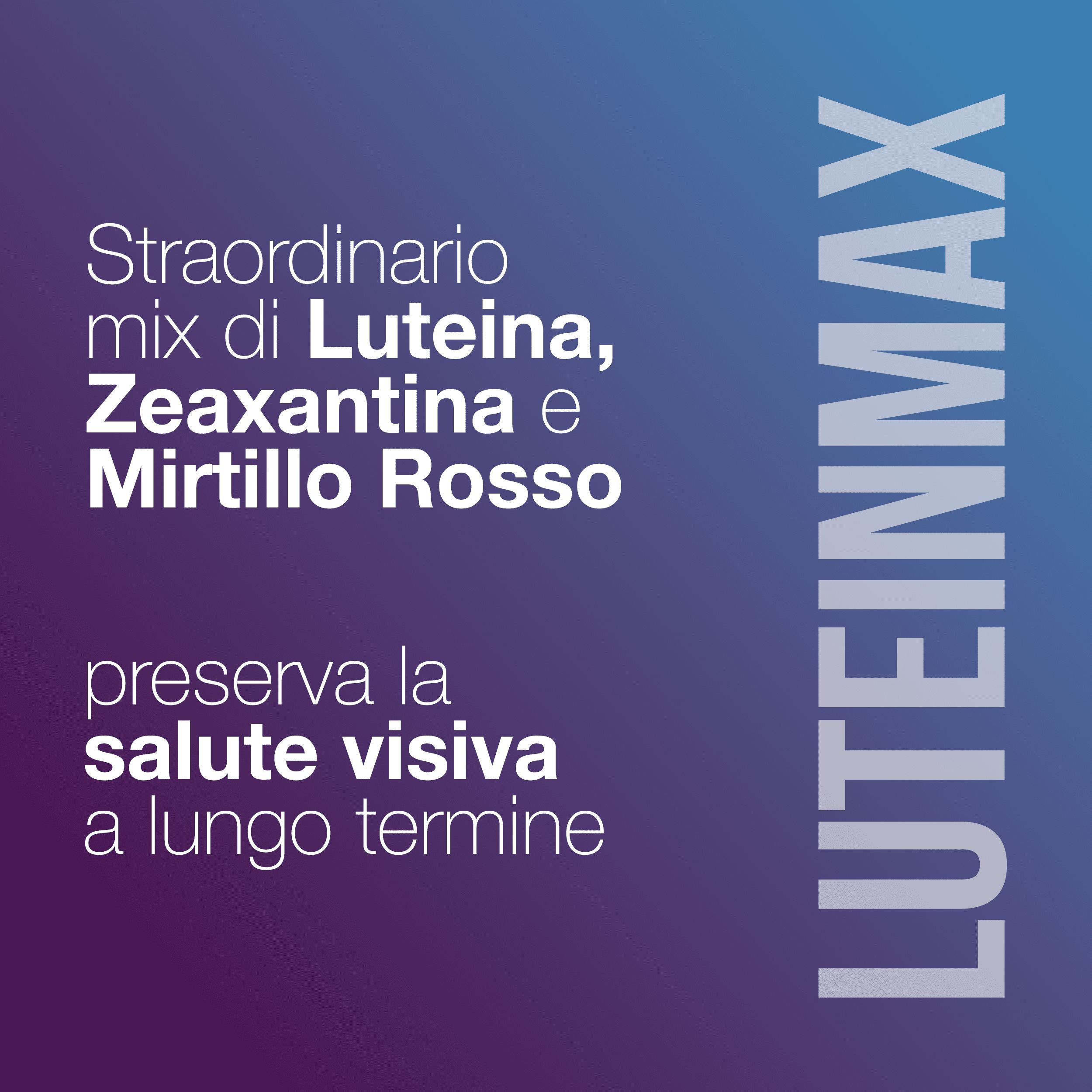Testo su sfondo blu-viola: mix di Luteina, Zeaxantina e Mirtillo Rosso. Preserva la salute visiva.