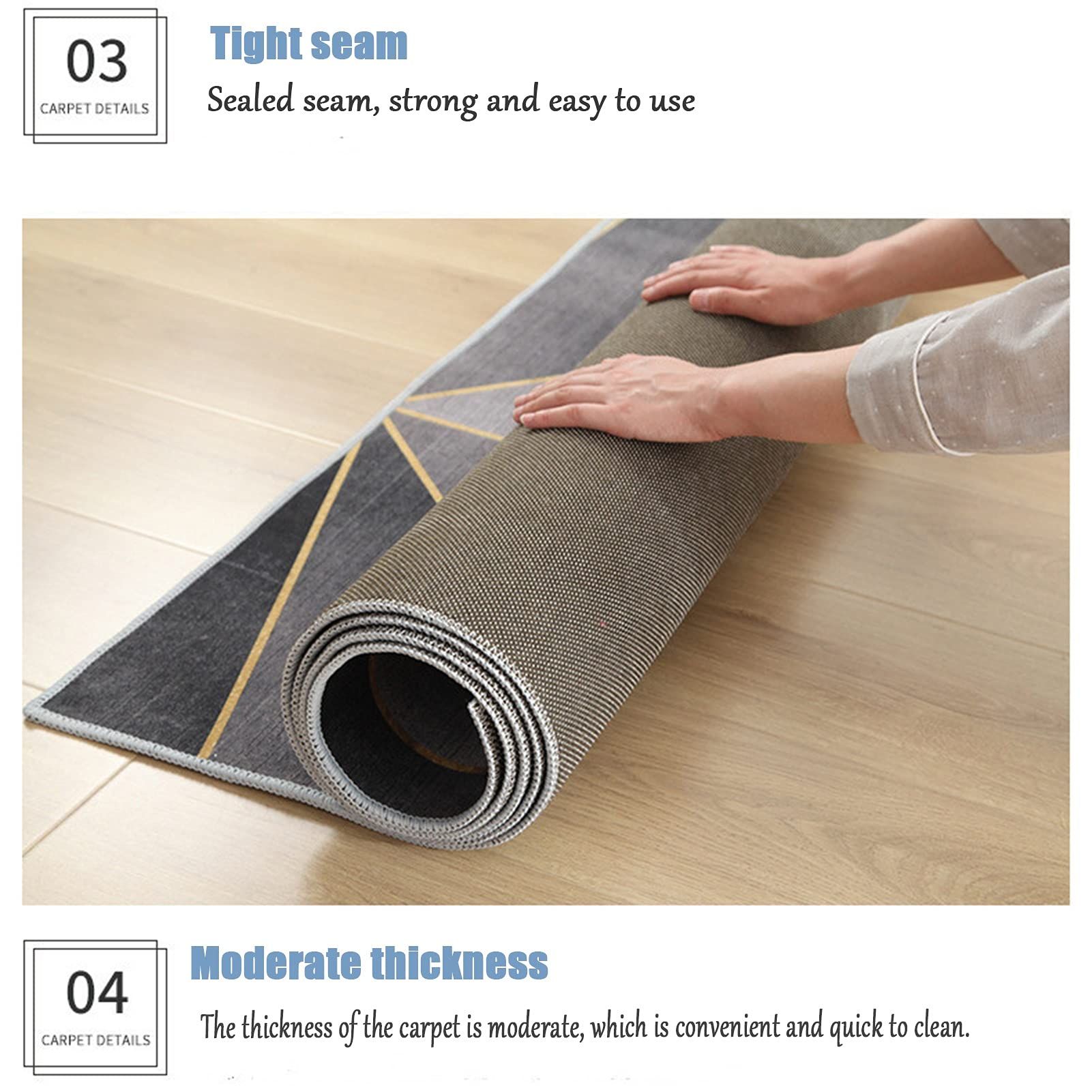 Primo piano di un tappeto. Motivo geometrico. Tappeto arrotolato. Testo: Cucitura stretta, spessore moderato.
