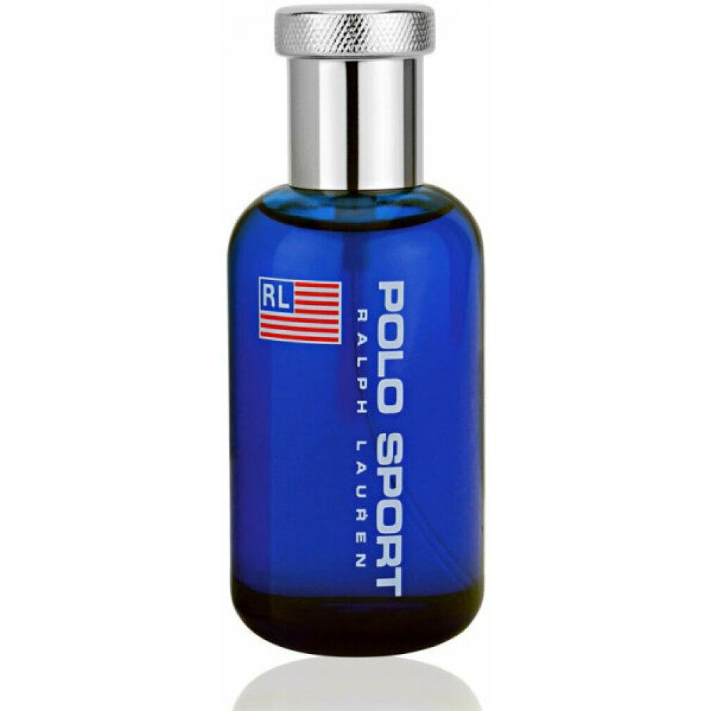Flacone di profumo blu con tappo argentato. Scritta Polo Sport Ralph Lauren. Logo bandiera USA.