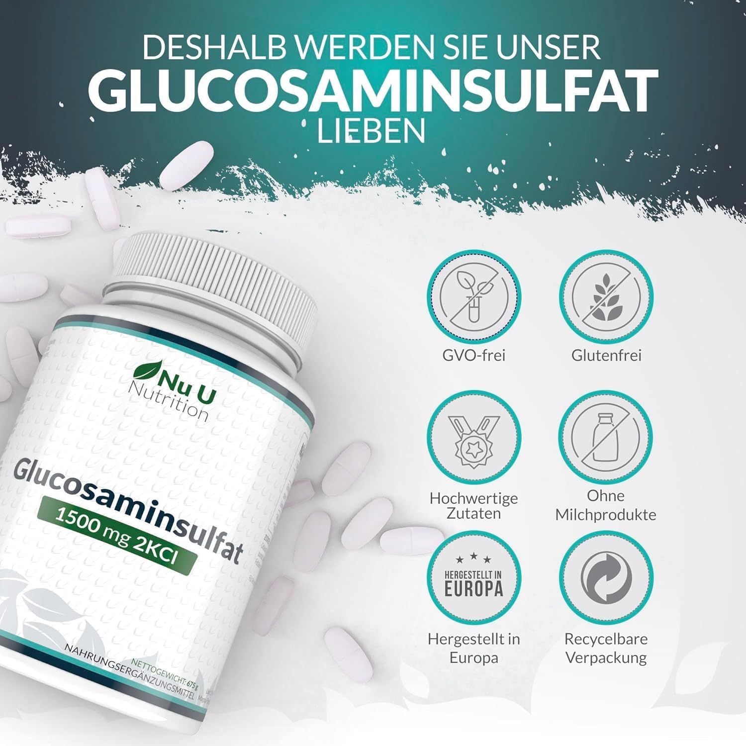 Flacone bianco Nu U Nutrition Glucosamina Solfato 1500mg 2KCI. Scritta: 365 compresse. Loghi: Senza OGM, Senza glutine, Ingredienti di qualità.