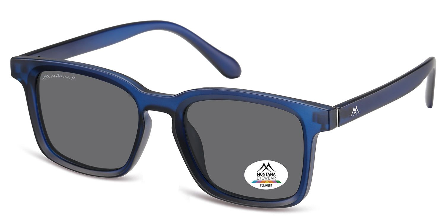 Occhiali da sole Montana Eyewear blu. Forma rettangolare, lenti grigie. Logo e adesivo Polarized. Vista prospettica.