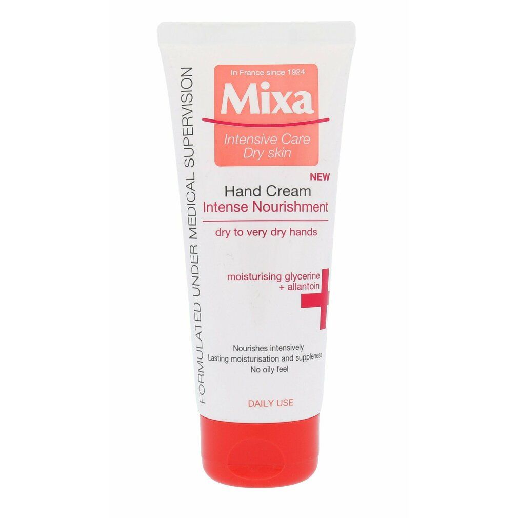 Tubo di crema mani Mixa. Tappo rosso. Testo: Intensive Care, Dry Skin, Hand Cream, Intense Nourishment, dry to very dry hands.