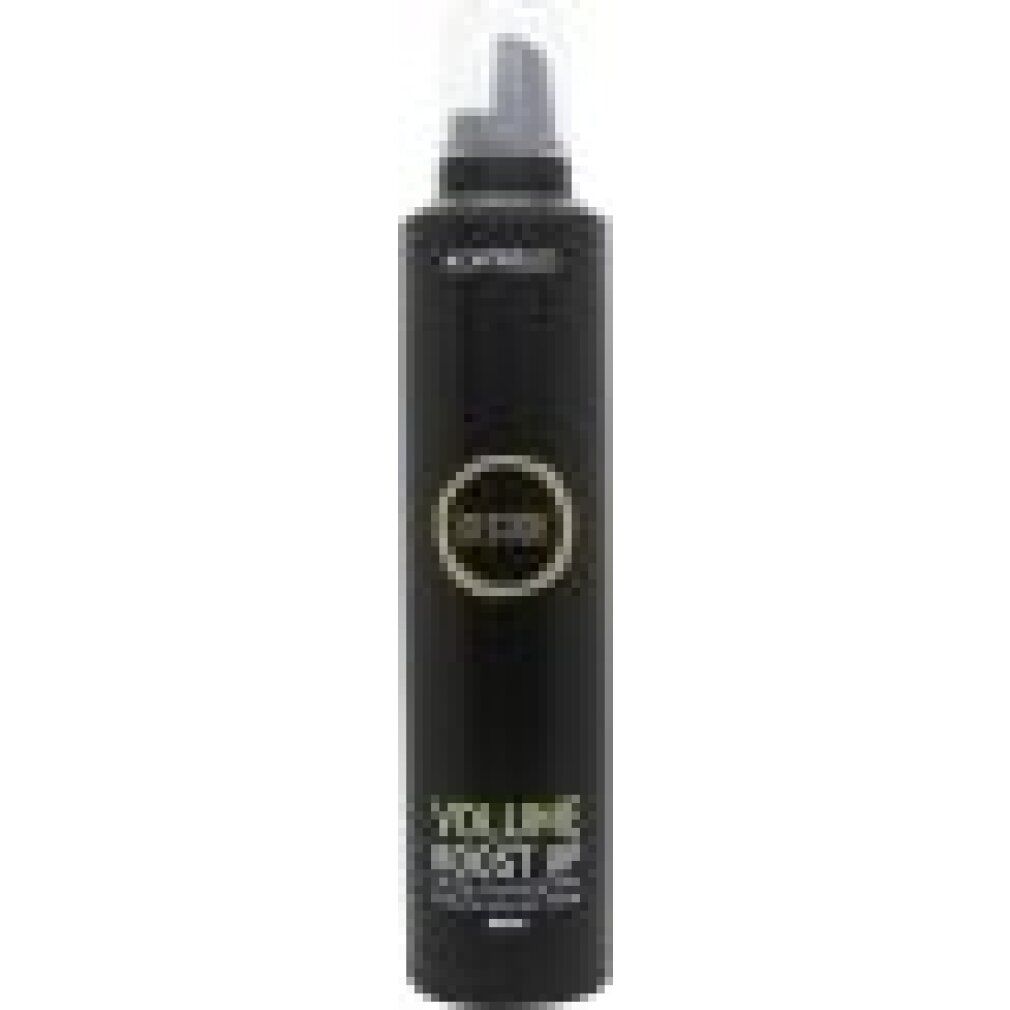 Flacone nero con erogatore spray. Scritte: MONTIBELLO, DECODE, VOLUME BOOST UP. Prodotto per capelli.