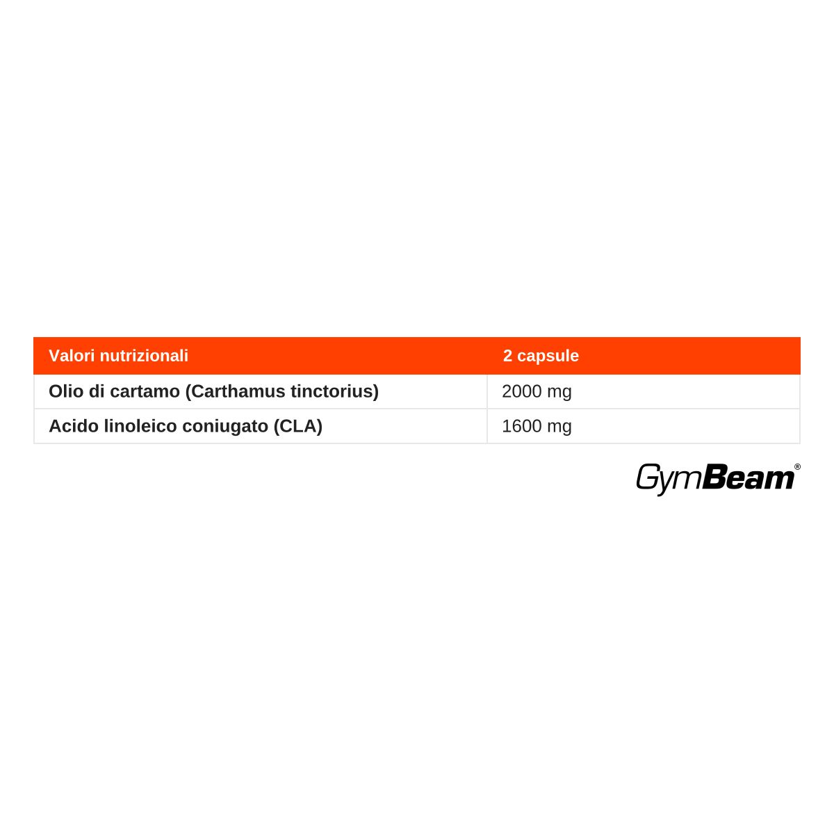 Tabella nutrizionale GymBeam CLA: Olio di cartamo (2000 mg), Acido linoleico coniugato (1600 mg) per 2 capsule.