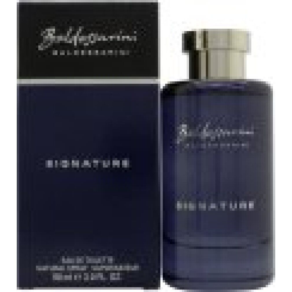 Flacone blu e scatola. Scritta: Baldessarini, Signature. Flacone con tappo argentato. 100ml.