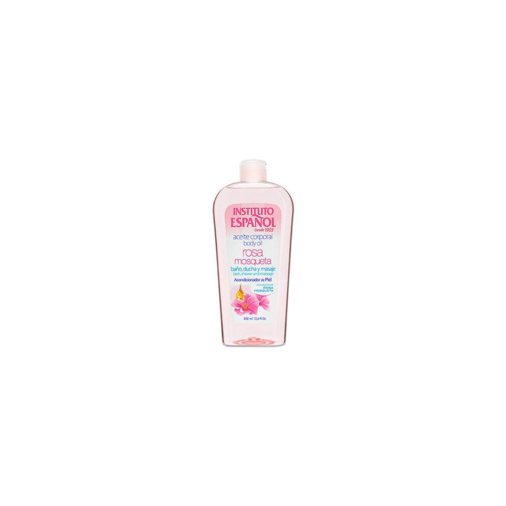 Olio corpo Rosa Mosqueta di Instituto Español. Flacone trasparente con etichetta rosa. Testo: Aceite corporal, baño ducha y masaje.