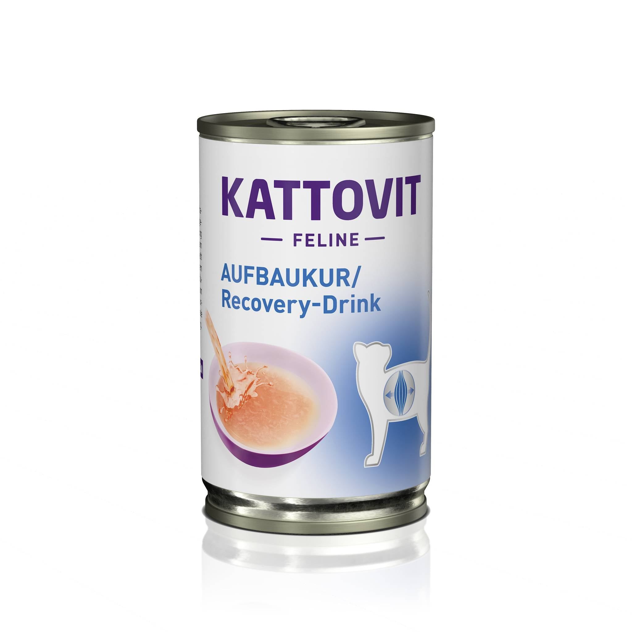 Lattina di Kattovit Aufbaukur Drink. Lattina bianca e argento con immagine e testo. Scritta: KATTOVIT, Aufbaukur/Recovery-Drink.