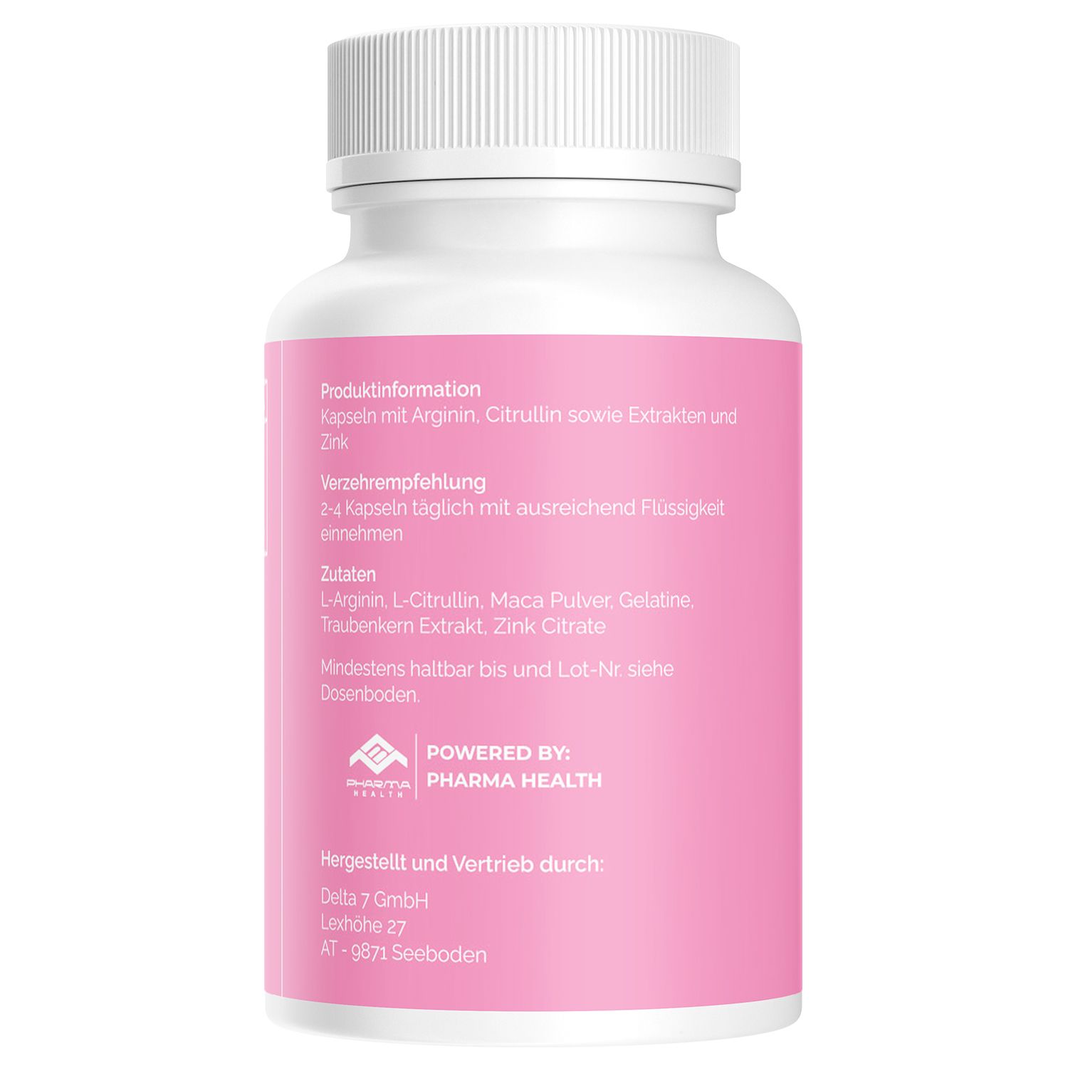 Retro di un flacone bianco. Etichetta rosa con informazioni e ingredienti. "POWERED BY: PHARMA HEALTH" in basso.