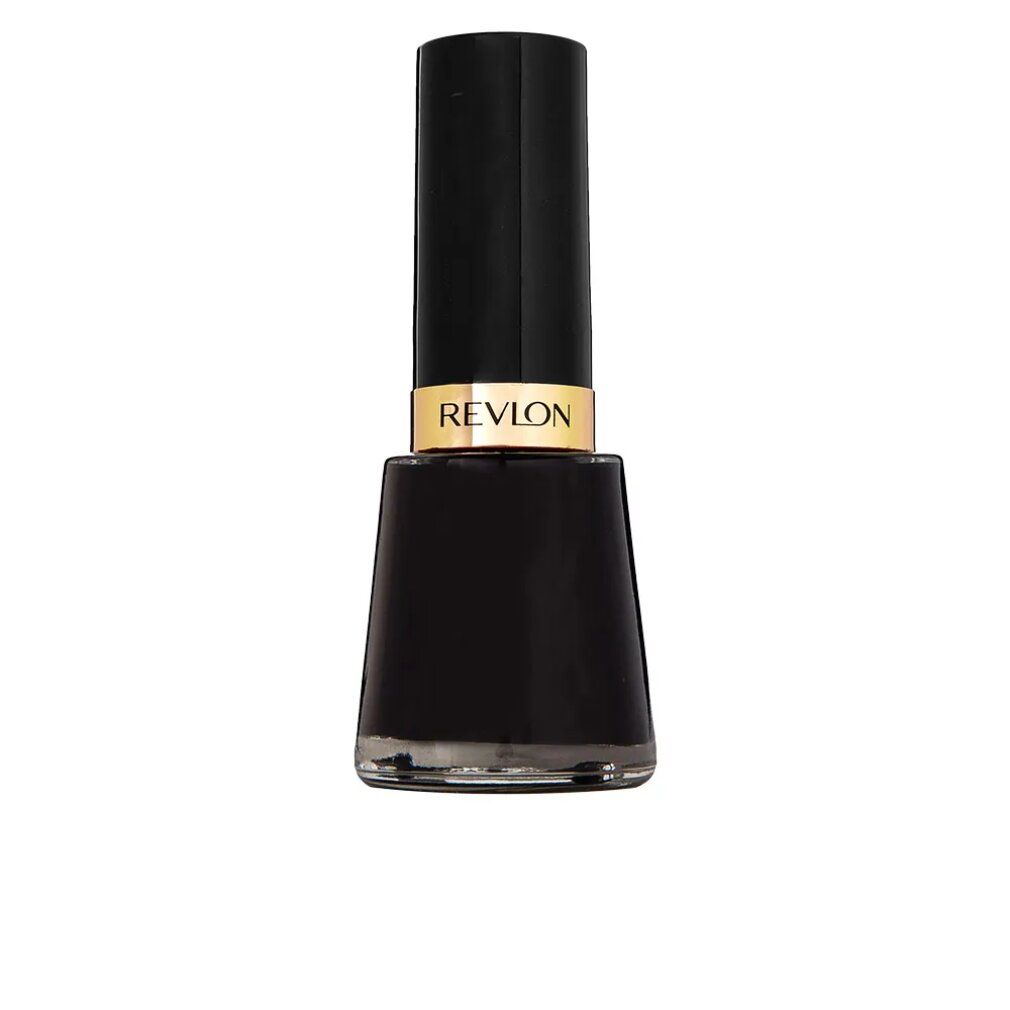 Flacone di smalto nero. Tappo nero, anello dorato con scritta "REVLON". Flacone in vetro trasparente.