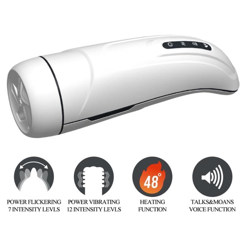 Masturbatore bianco con 4 funzioni: flickering, vibrazione, riscaldamento (48°C) e funzione vocale.
