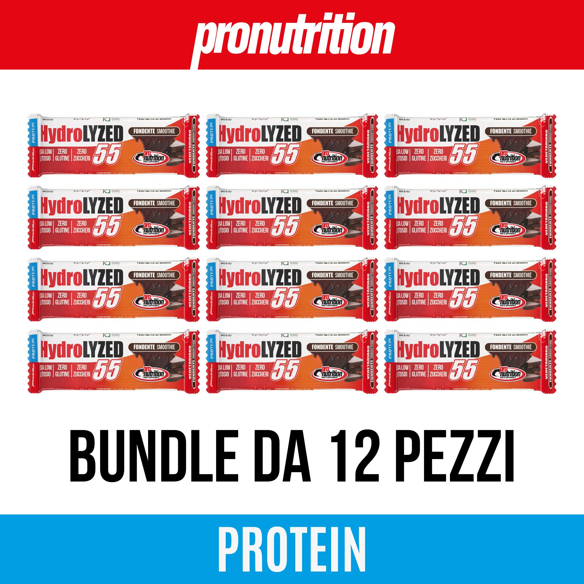 12 barrette proteiche confezionate. Scritta: Bundle da 12 pezzi. Marchio: Pronutrition. Testo: Protein.