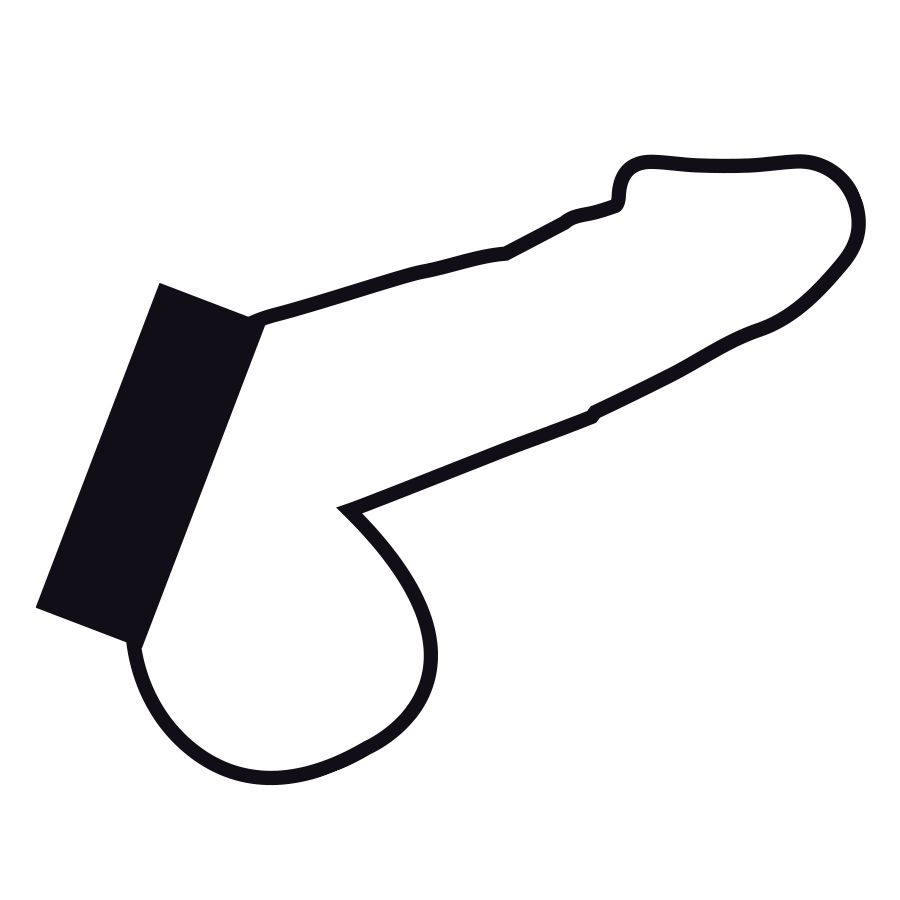 Disegno stilizzato in contorno nero di un pene con una banda scura alla base.