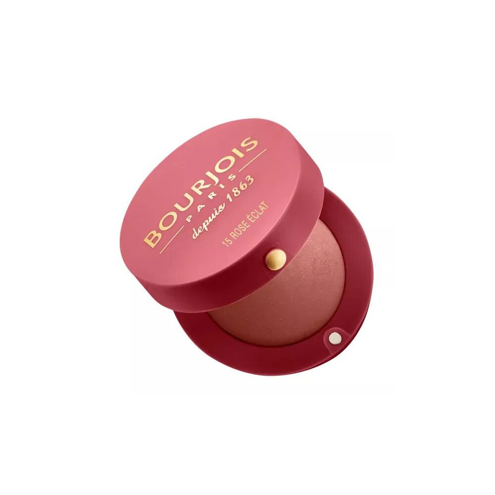 Contenitore rosa aperto. All'interno, fard. Scritta: BOURJOIS PARIS, depuis 1863, 15 ROSE ÉCLAT.