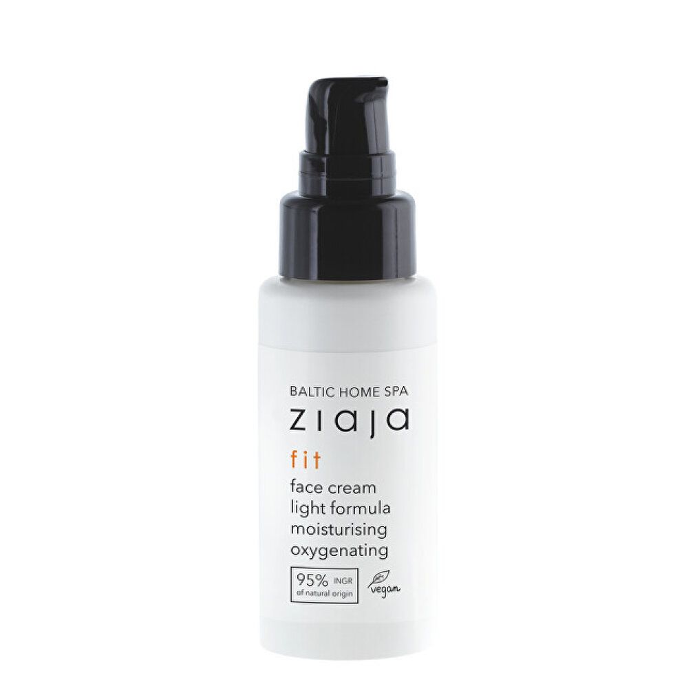 Flacone bianco con erogatore nero. Scritta: ZIAJA fit face cream light formula. 95% ingredienti di origine naturale.