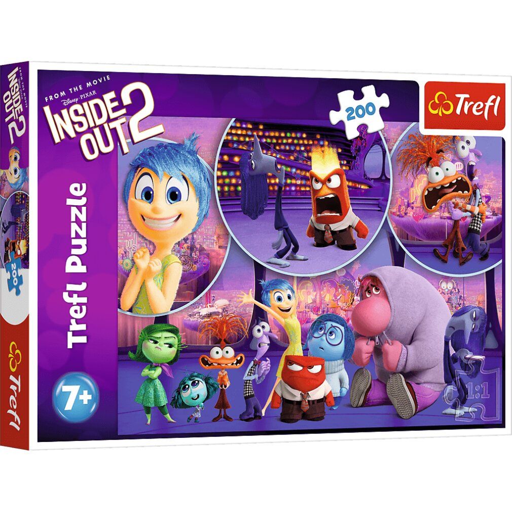 Scatola di puzzle con personaggi di "Inside Out 2". Il puzzle ha 200 pezzi. Marca: Trefl. Età consigliata: 7+.