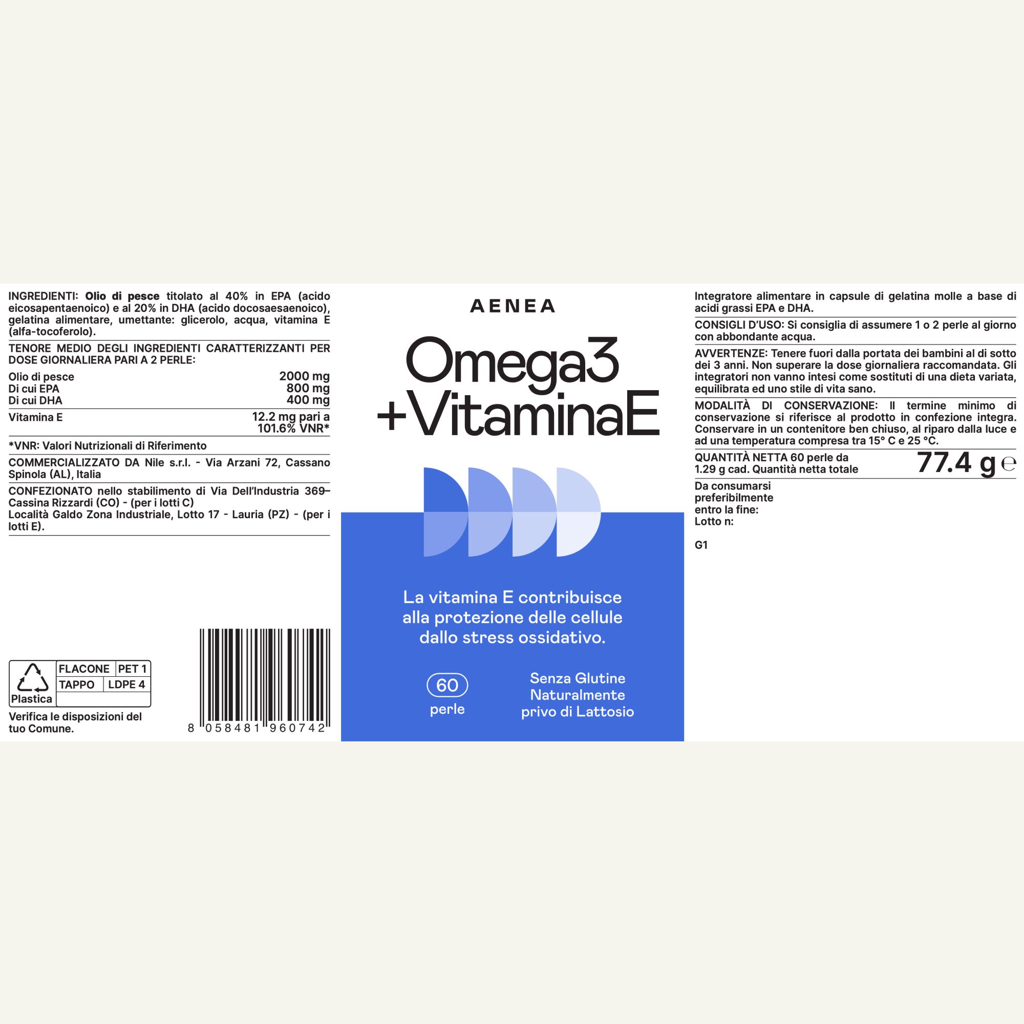 Aenea Omega 3 + Vitamina E. Flacone bianco con testo blu. 60 perle. Testo e informazioni nutrizionali. 77,4 g.