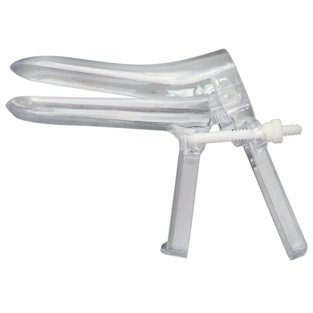 Strumento medico in plastica trasparente. Due parti alari, collegate da un meccanismo a vite. Vista prospettica.