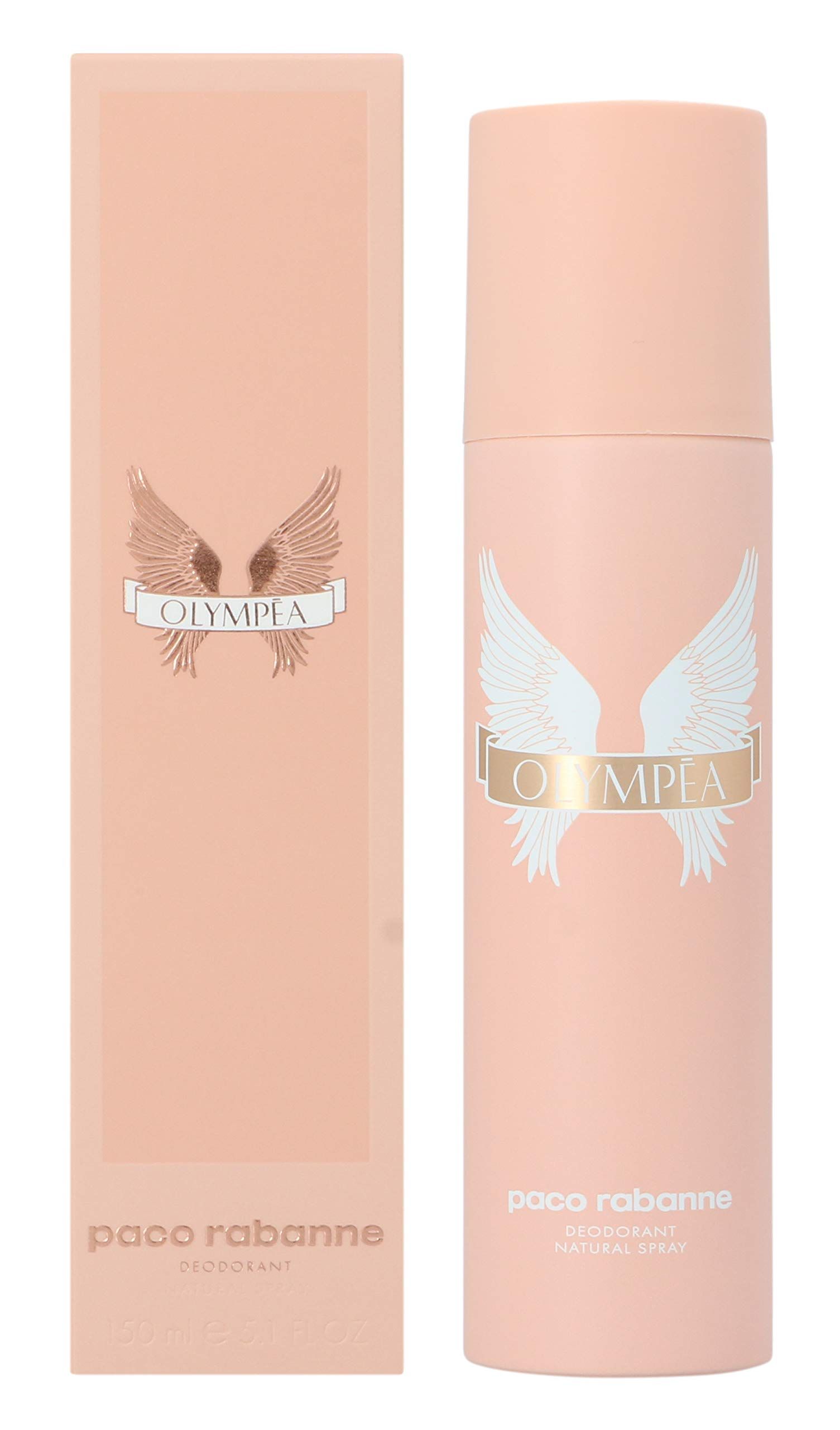 Spray deodorante rosa e scatola. Logo ali e scritta OLYMPEA. Marchio Paco Rabanne.