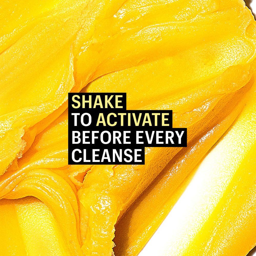 Testo su sfondo giallo: SHAKE TO ACTIVATE BEFORE EVERY CLEANSE.