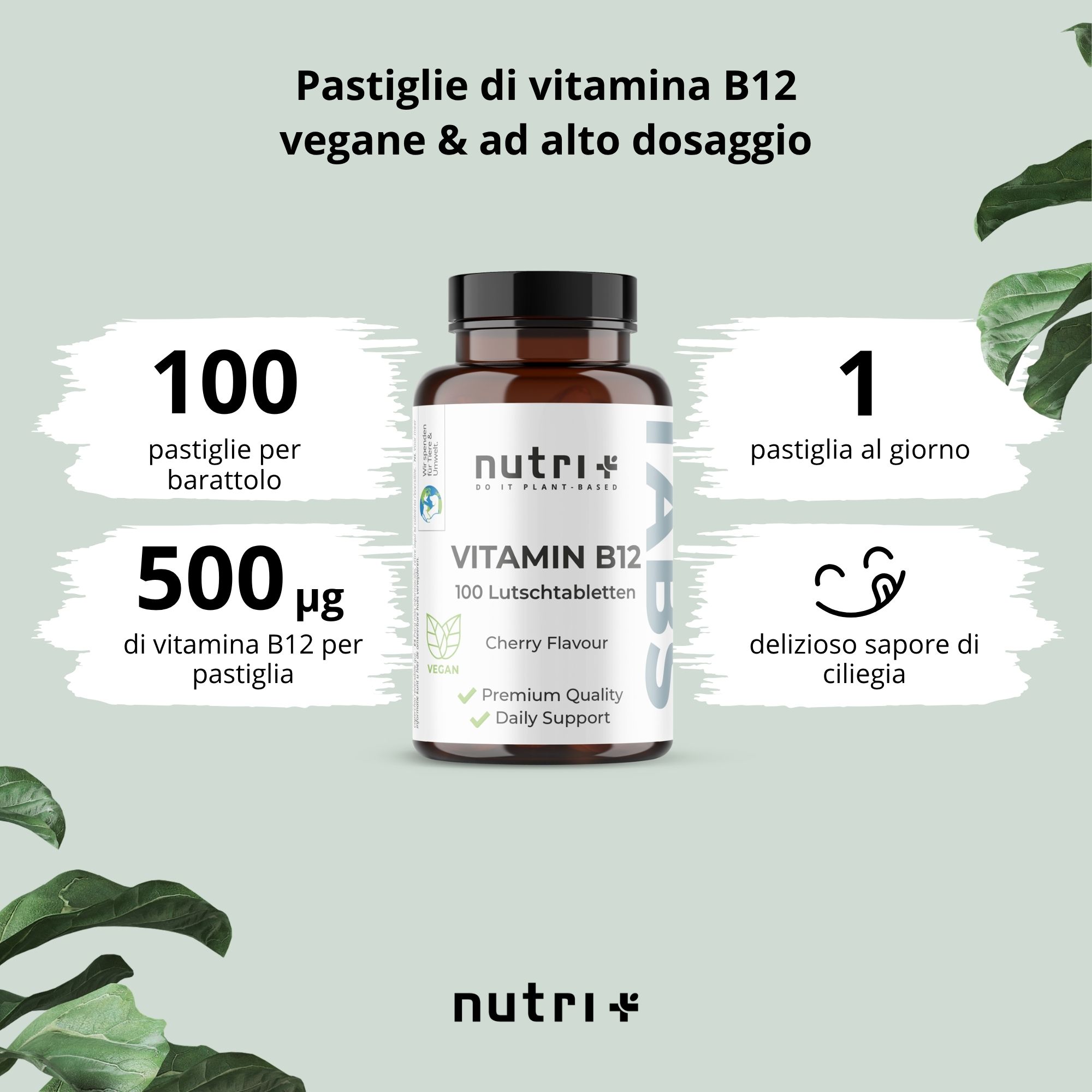 Pastiglie nutri+ Vitamina B12: 100 pezzi, 500 µg per pastiglia, gusto ciliegia.