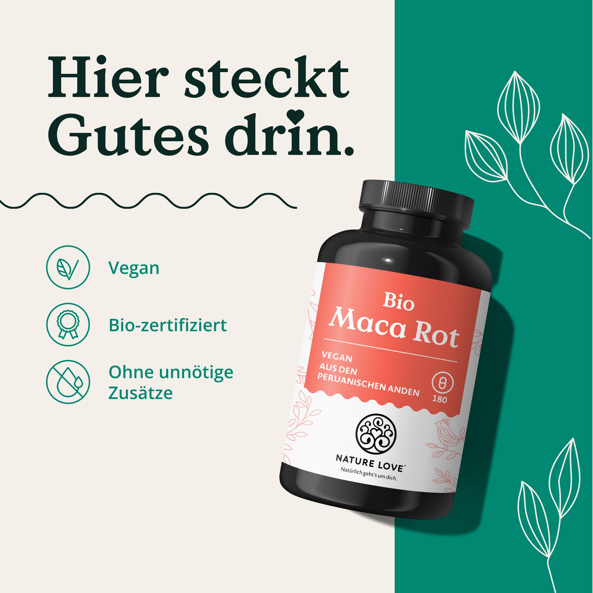 Capsule Nature Love Bio Maca Rossa, vegane, bio-certificate, senza additivi inutili.