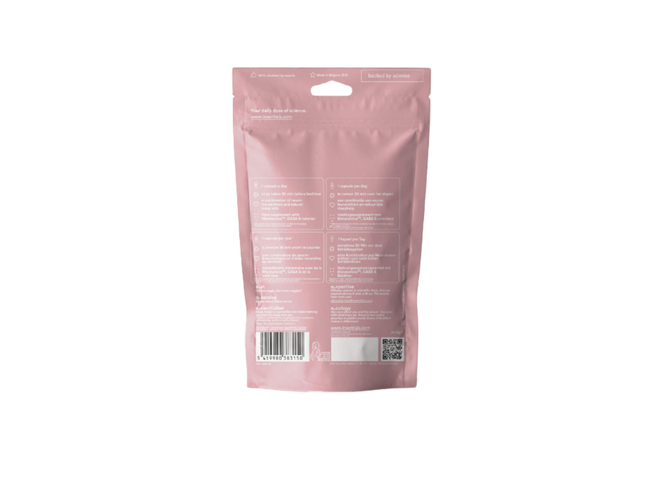 Retro di una confezione rosa con informazioni sul prodotto e codice a barre.